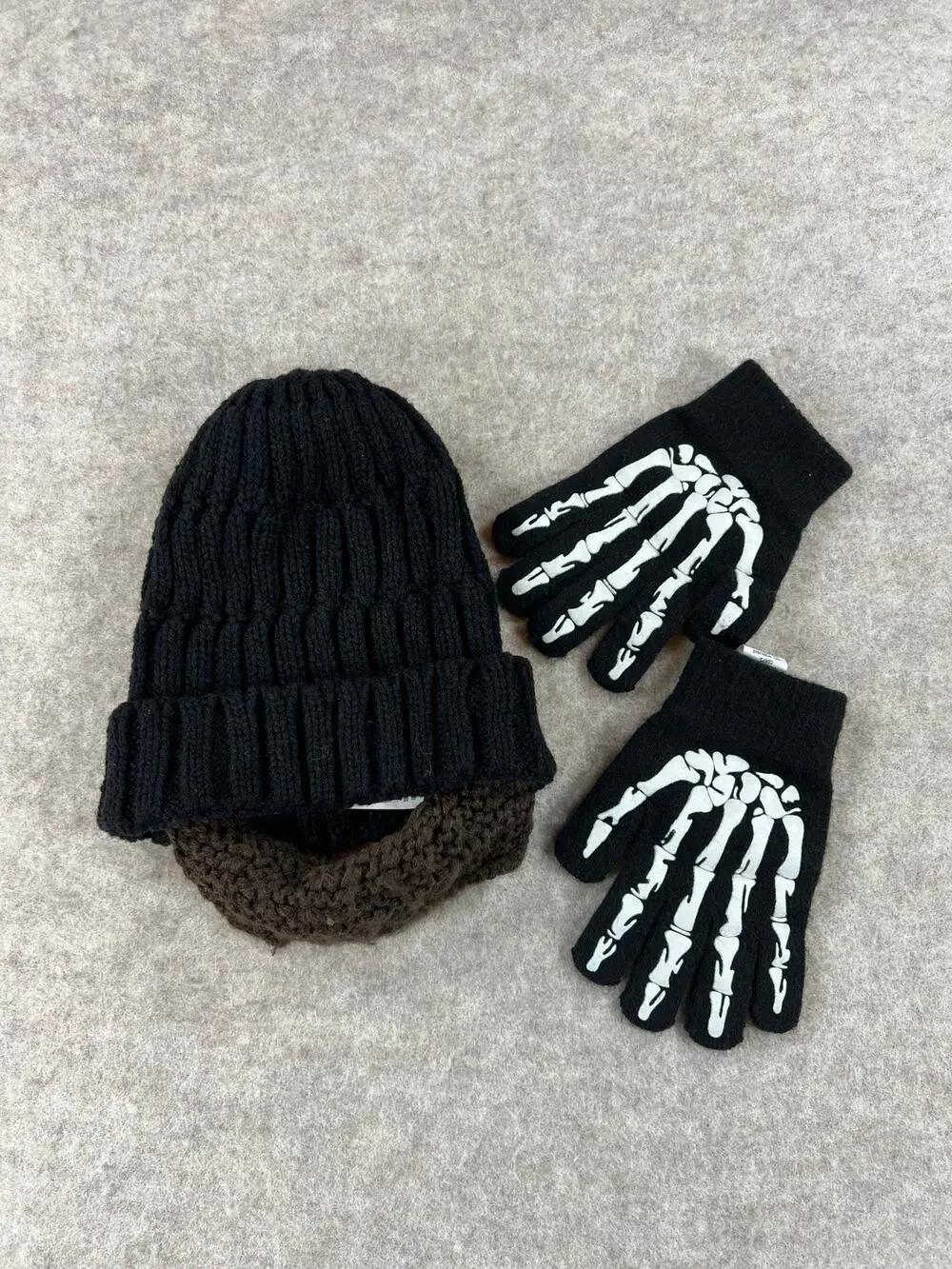 Children's Place Boys Beard Beanie Winter Hat and Skeleton Gloves Size 4-7
